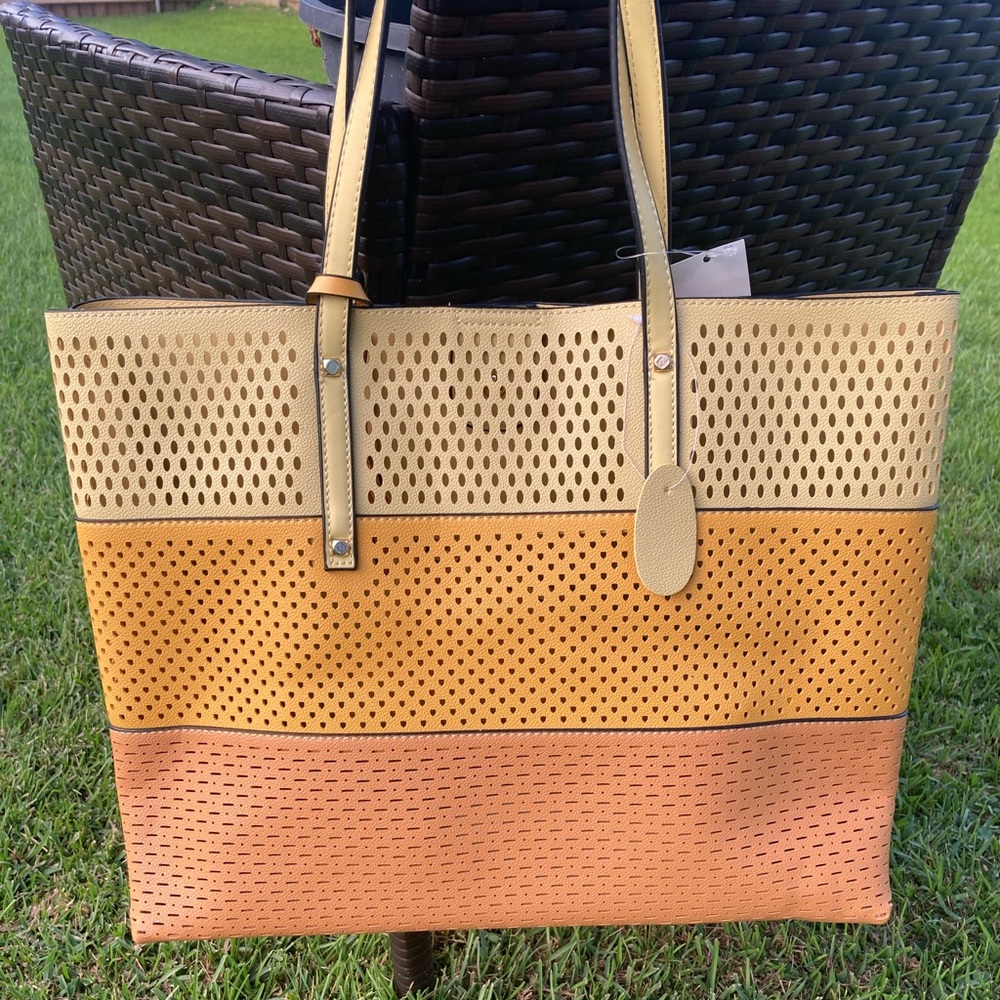 Three-Tone Perforated Tote Bag in Cream, Yellow, and Peach